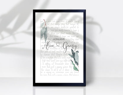 Print Gift Wedding Song Vows Lyrics Poster Anniversary Personalized Custom Names with Green Leaves, LF423