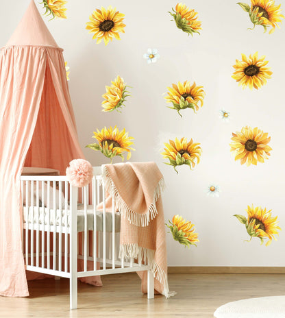 Sunflower Daisy Wall Decals Yellow Flowers Nursery Room Decor Chamomile Stickers, LF440