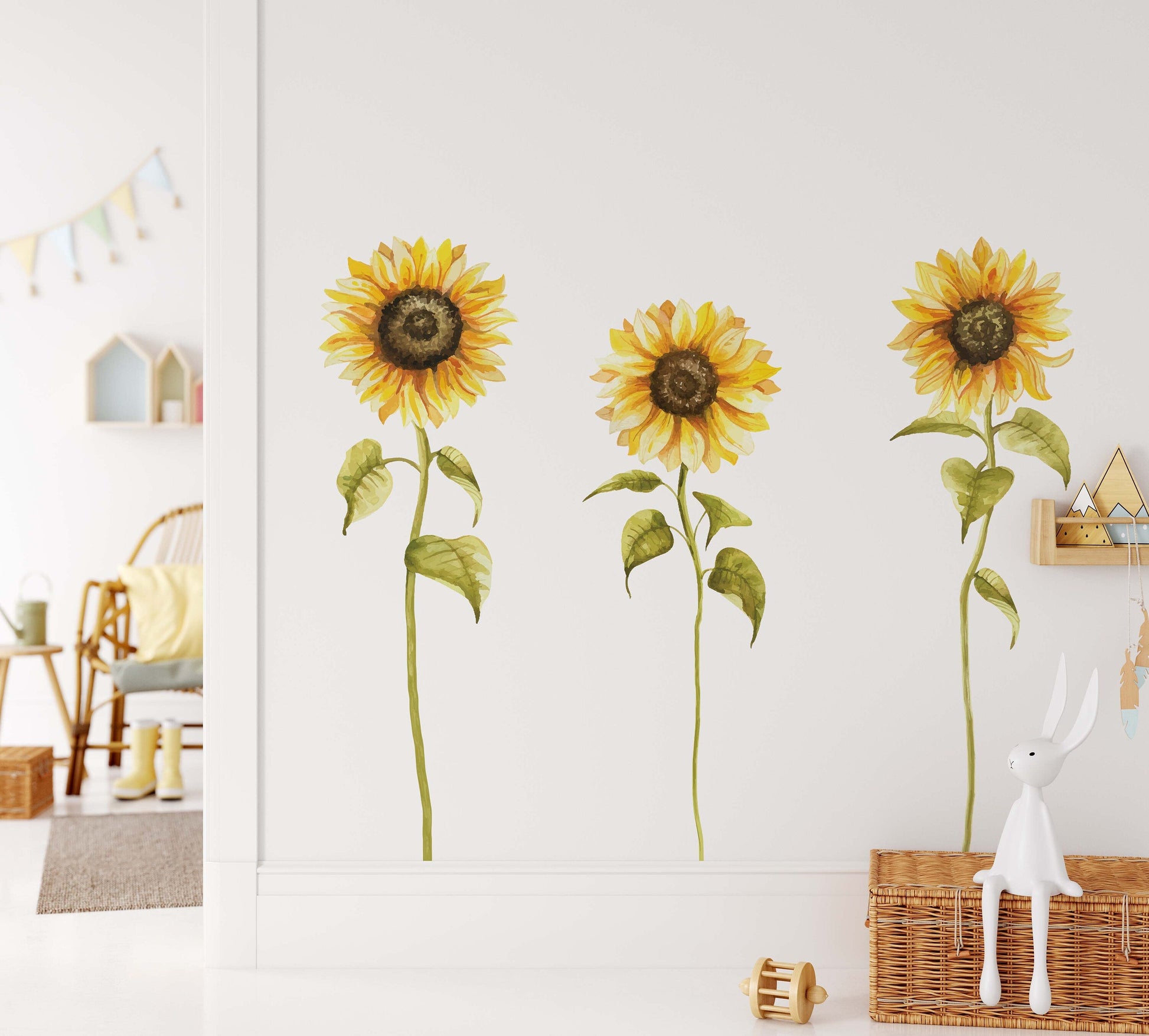 Tall Sunflower Daisy Greenery Wall Decals Yellow Flowers Nursery Room Decor Chamomile Stickers, LF442