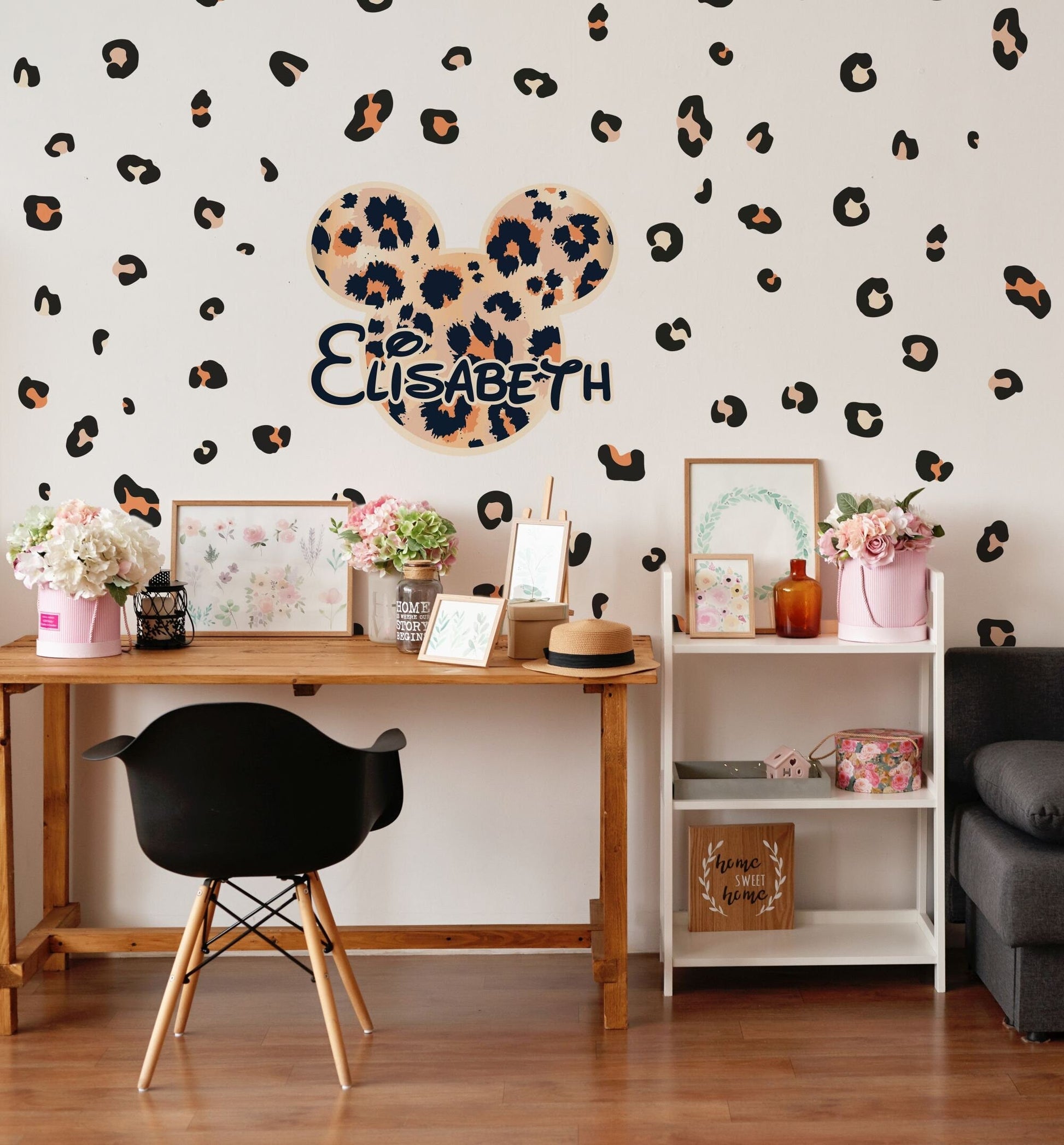 Custom Name Leopard Spots Mickey Head Wall Decal Nursery Stickers, LF447