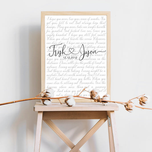 Anniversary Gift Wedding Song Vows Print Lyrics Poster Personalized Custom Names, LF420