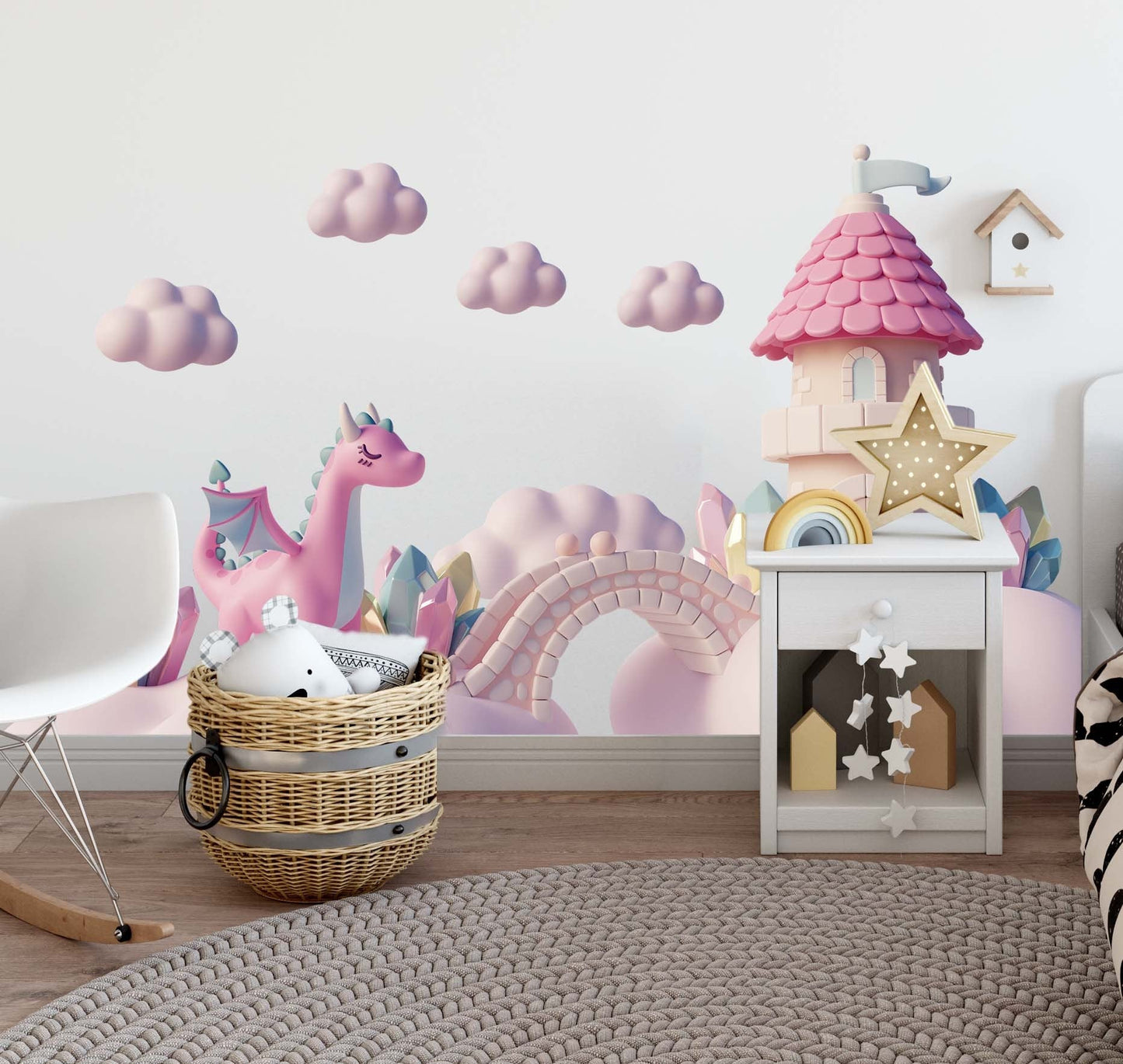 Pink Dragon Wall Stickers Castle Fairy tale Clouds Decals Girl's Nursery Playroom Wall Decor, LF469