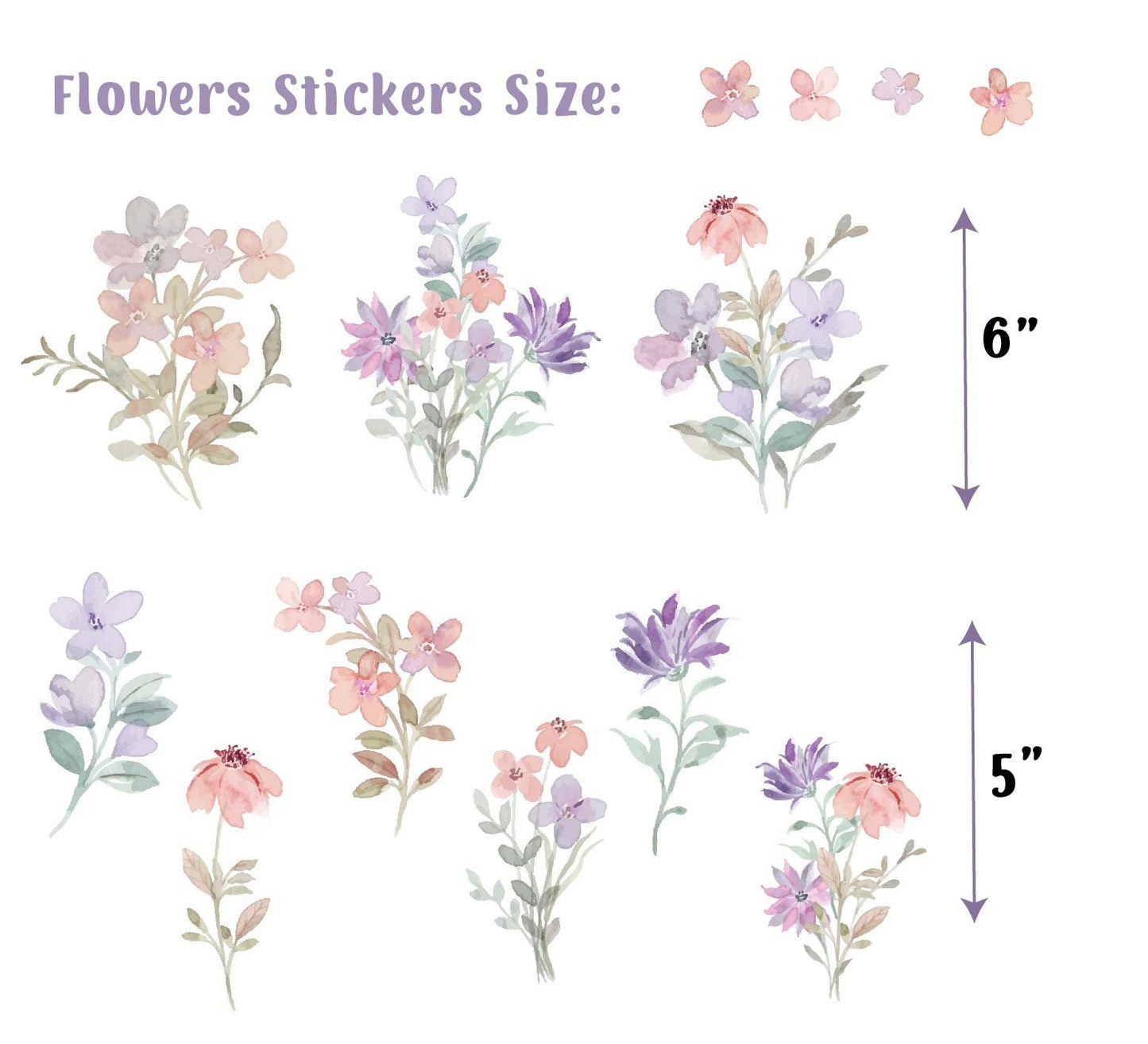 Watercolor Flower Pink Violet Greenery Wall Decals Nature Sticker Boho Nursery Leaves Floral Room Decoration, LF475