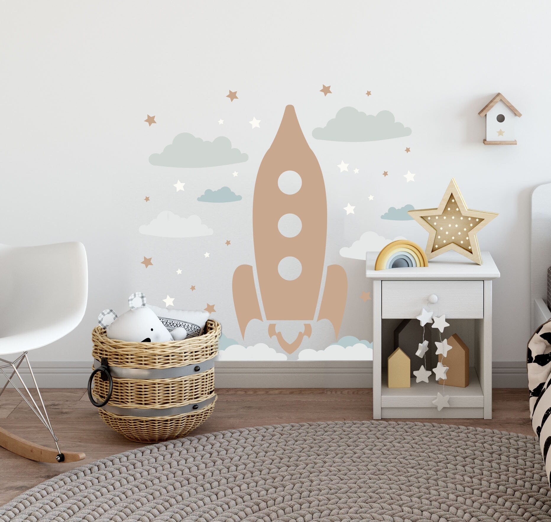 Rocket Wall Decal Space Ship Large Sticker Boy Girl Bedroom Decor Stars Clouds, LF476