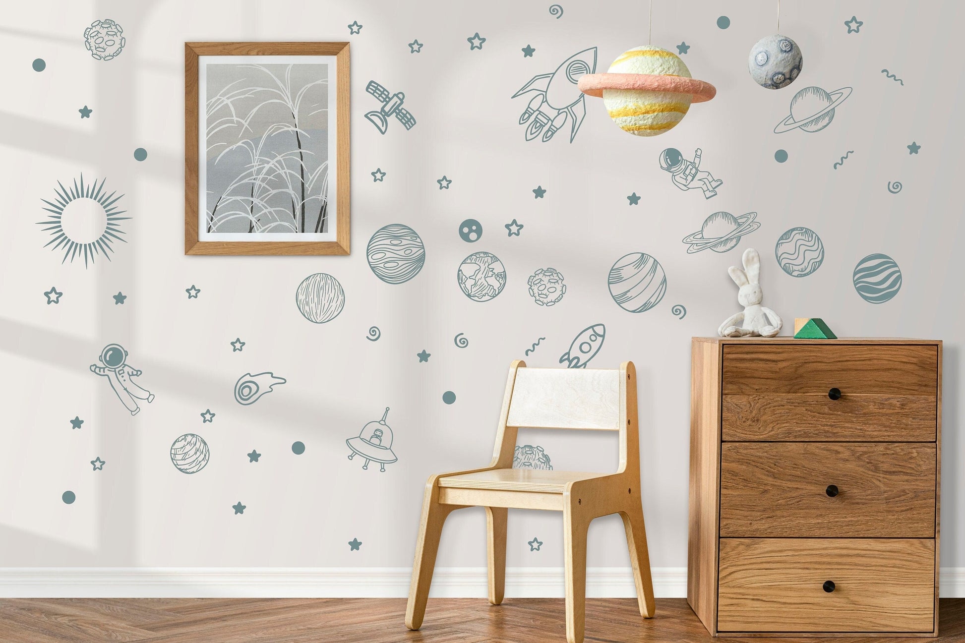 Outer Space Wall Decals Solar System Stickers Boys Girls Play Room nursery kids Space Ship Astronaut Rocket Planet Stars Sun, LF477