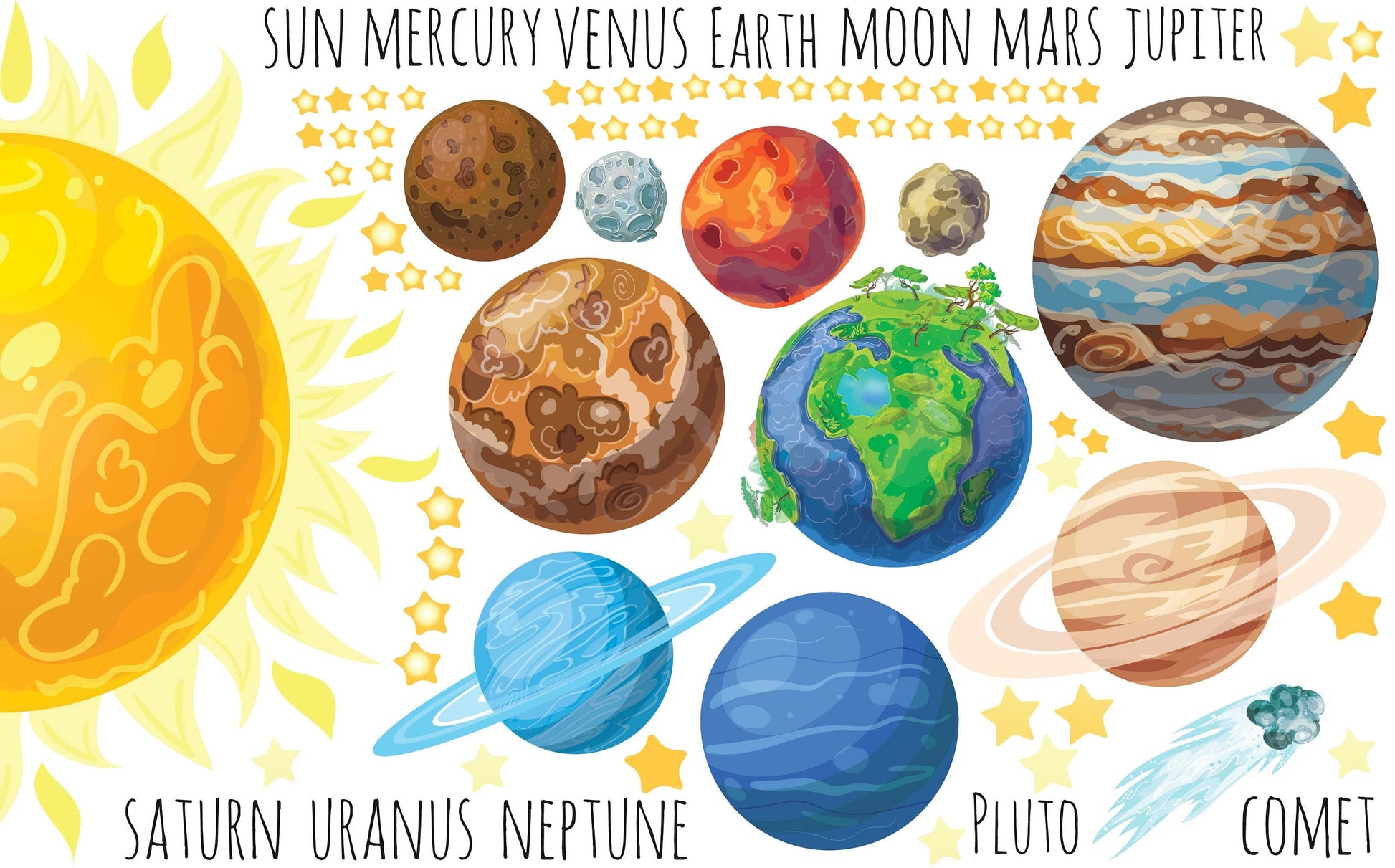 Sun Planets Wall Decals Space Stickers Solar System Kids Room Decor Classroom Stars Comet, LF479