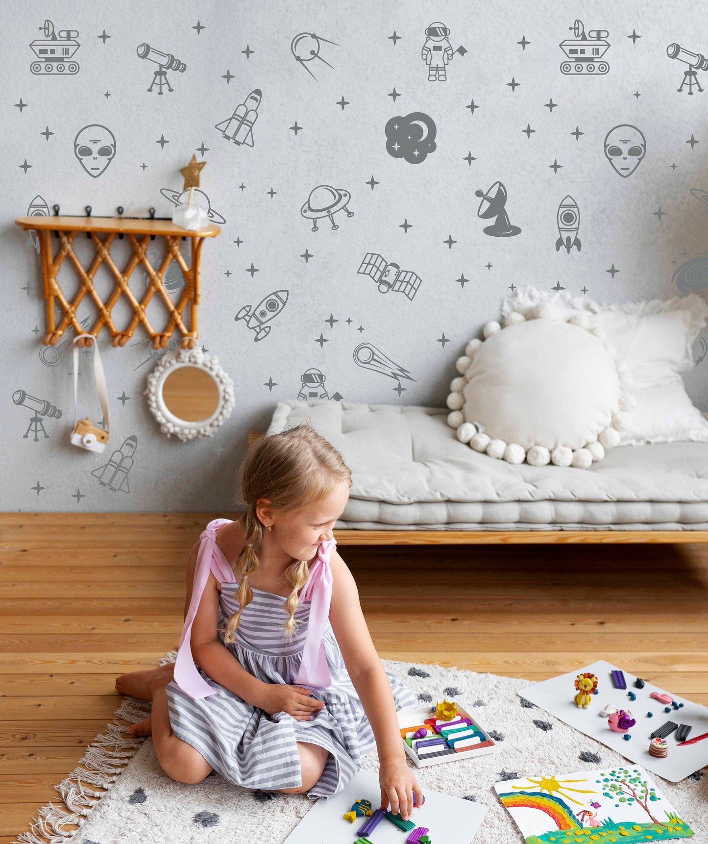 Outer Space Wall Decals Astronaut Stickers Planet Decor Moon Stars Cosmos Boys Girls Play Room nursery kids, LF483