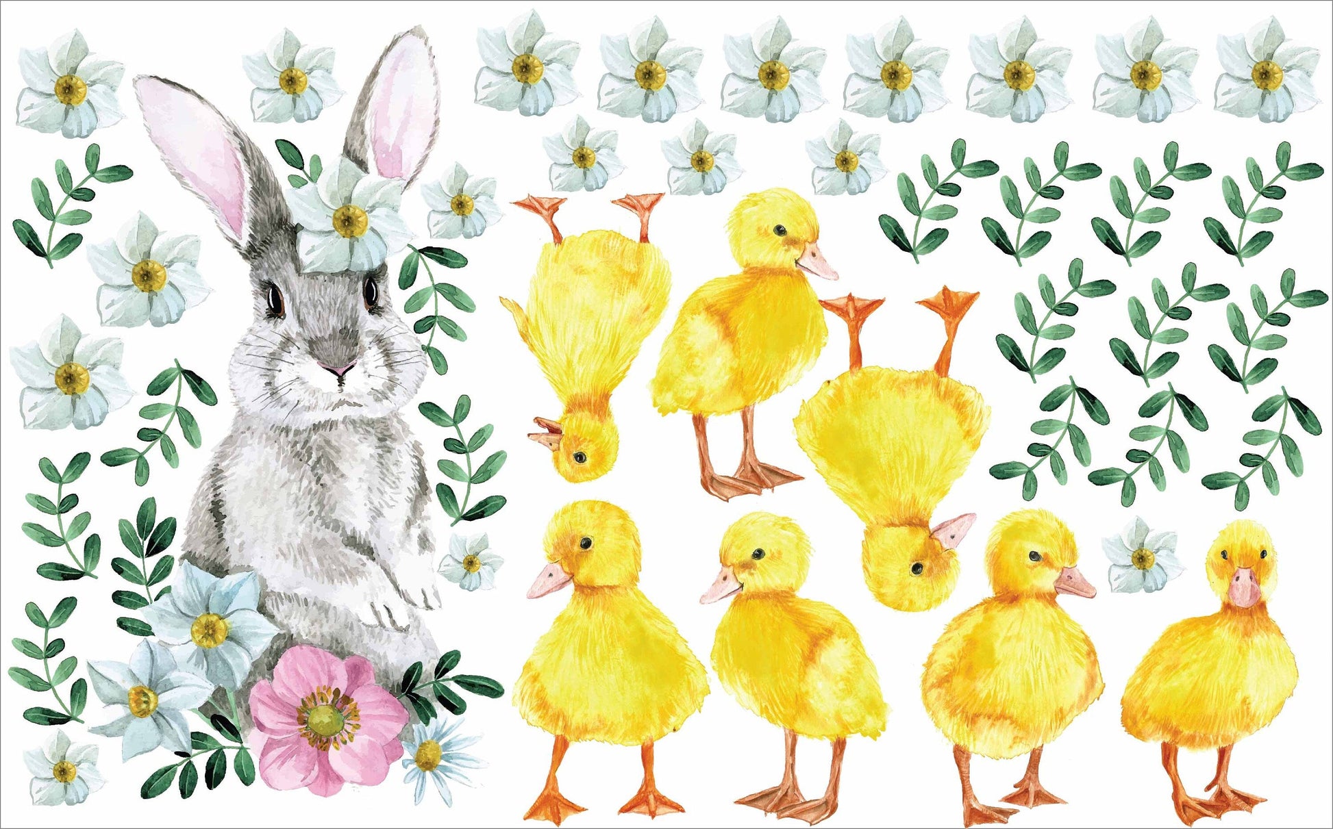 Bunny Flowers Wall Decal Ducklings Sticker Rabbit Watercolor Duck Nursery Decor, LF266A