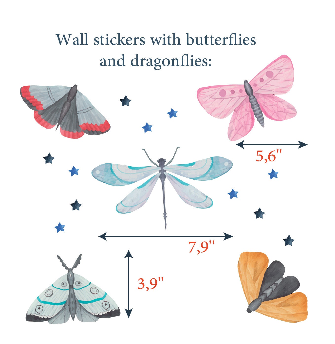 Butterfly Wall Stickers Dragonfly Decals Stars Moth Wild Nursery Decor Boys Girls room Playroom, LF499