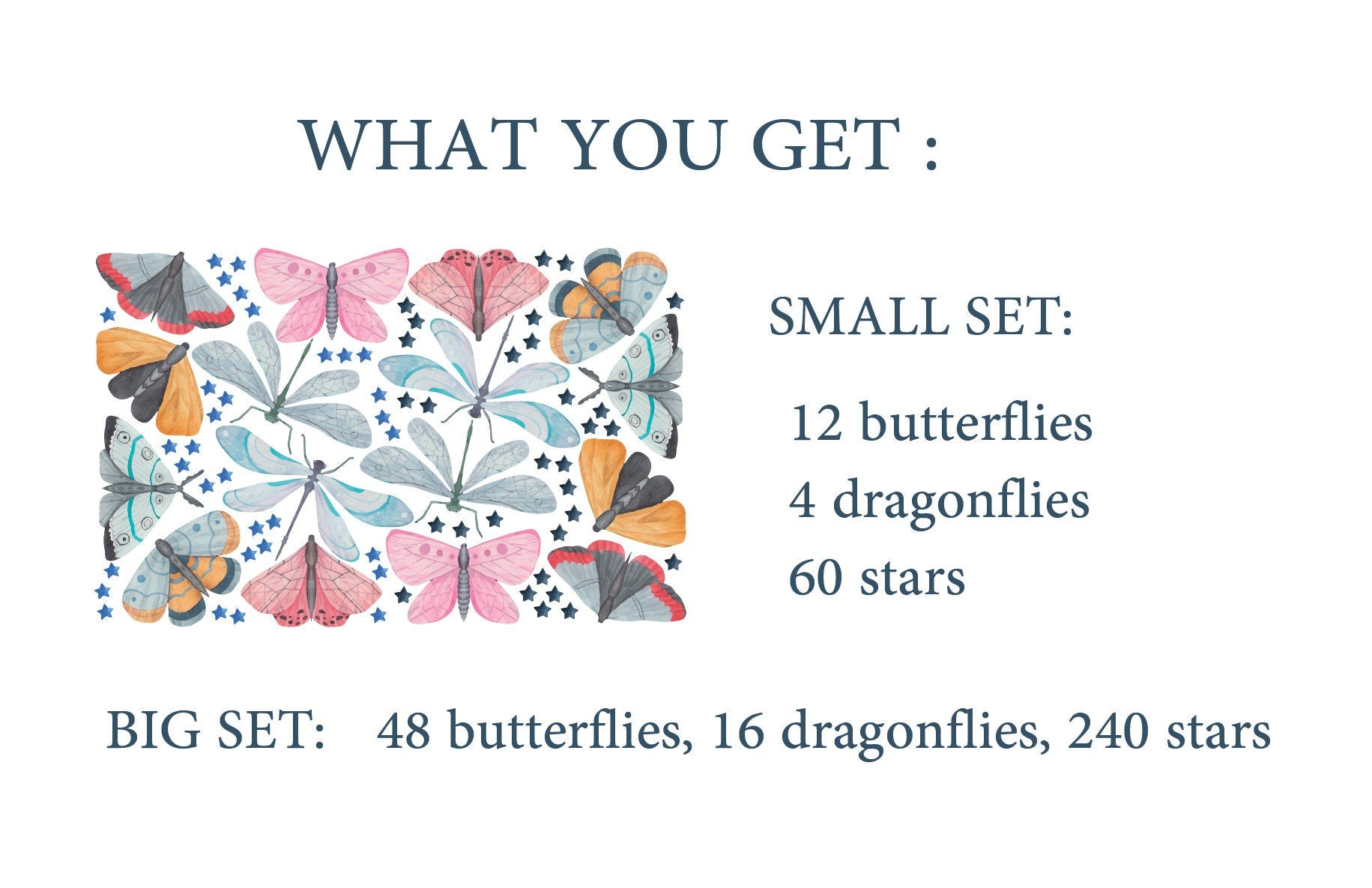 Butterfly Wall Stickers Dragonfly Decals Stars Moth Wild Nursery Decor Boys Girls room Playroom, LF499