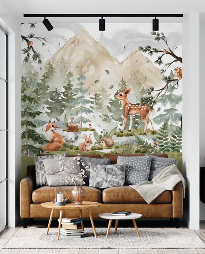 Forest Woodland Wall Decals Watercolor Pine Tree Stickers Nursery Mural Animals fox deer rabbit hedgehog mouse Natural Playroom Class, WL012