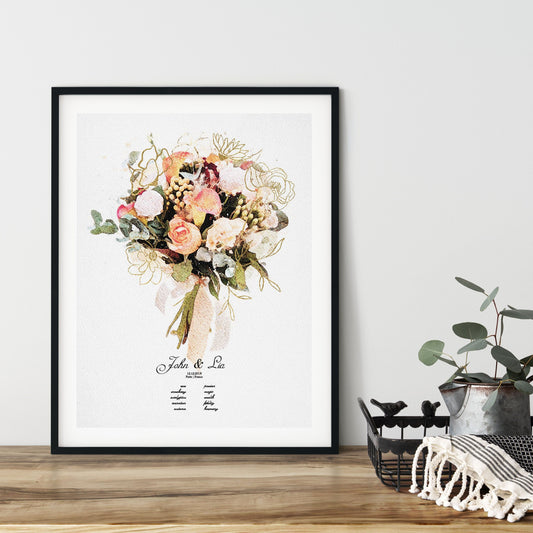 Wedding Personalised Print Gift for Her Bride's bouquet Meaning of flowers Wall Poster 1st Anniversary Watercolor Painting from Photo, Pt01