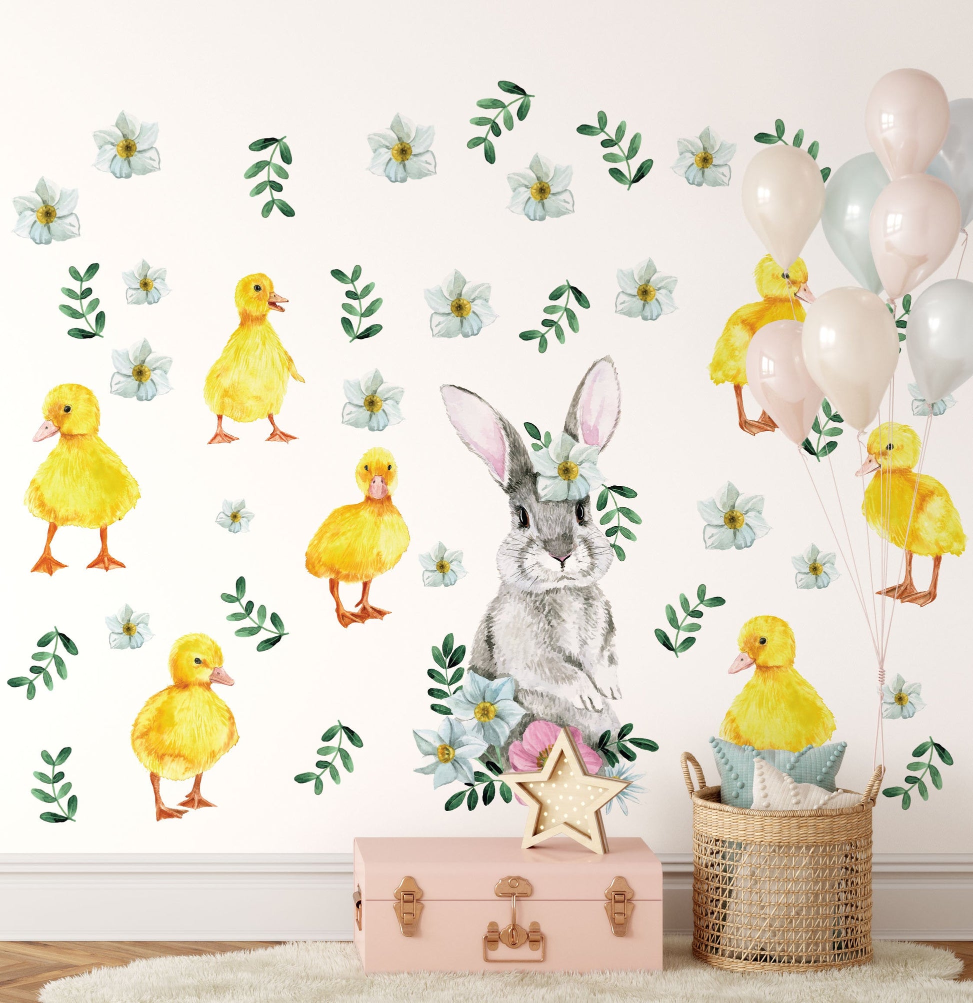 Bunny Flowers Wall Decal Ducklings Sticker Rabbit Watercolor Duck Nursery Decor, LF266A