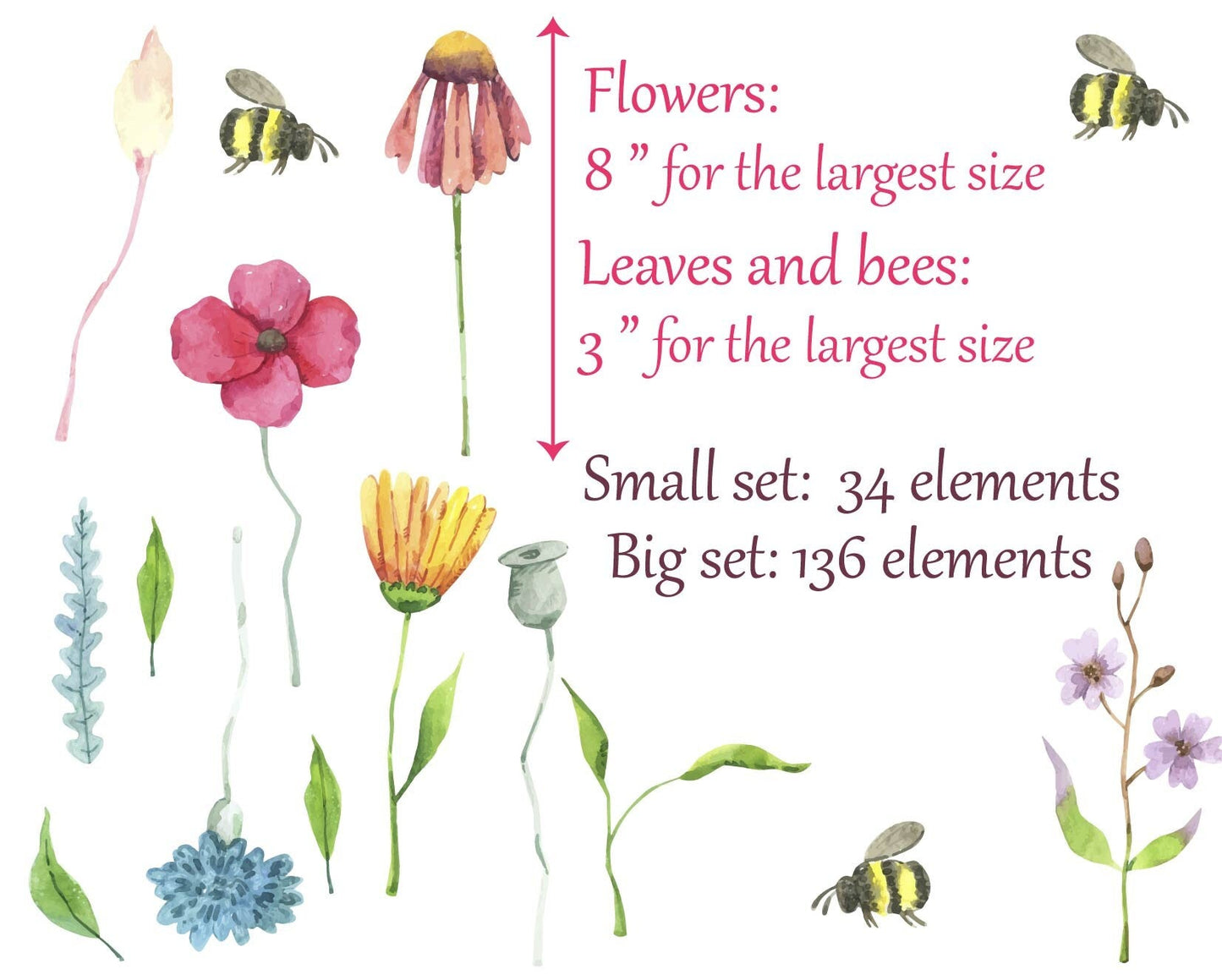 Watercolor Field Flowers Wall Stickers Nursery Bee Floral Leaves Decals Girls Boho Room , LF534