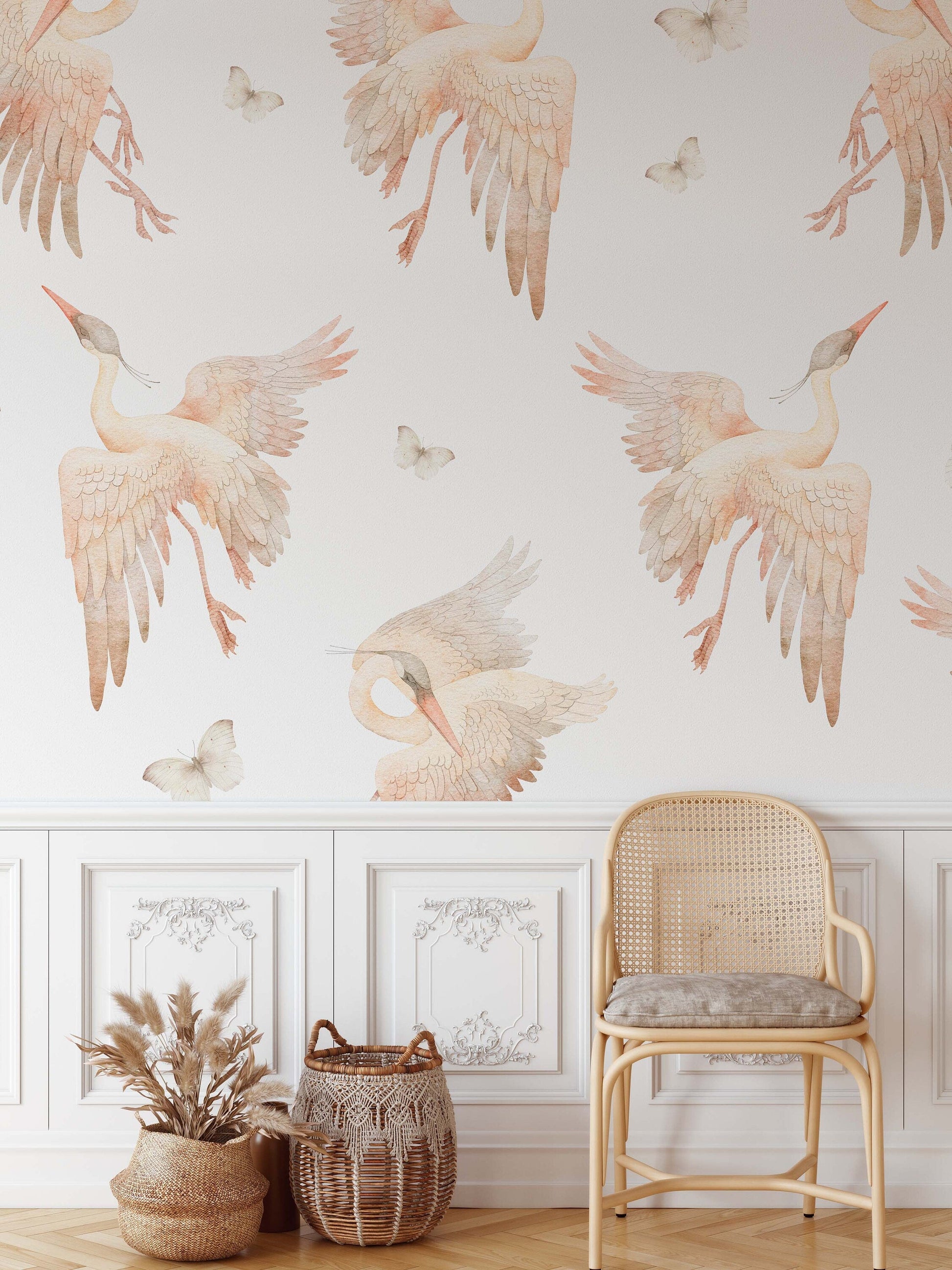 Watercolor Stork Heron Butterfly Wall Stickers Nursery Pink Beige Decals Girls Tender Boho Bathroom , LF524