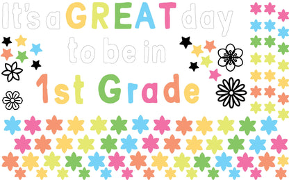 Classroom Wall Stickers Blackboard School board Flowers Decals It's a great day to be in first grade teacher custom lettering, LF555