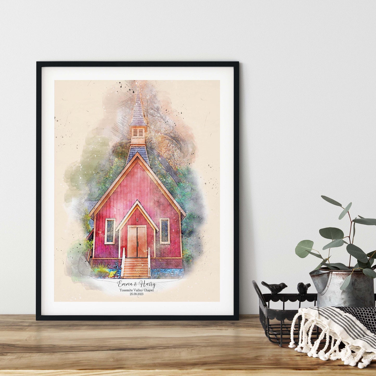 Wedding Personalised Venue Print Wall Poster Gift 1st Anniversary Watercolor Sketch Painting from Photo Couple Gift Modern Room Wall Decor