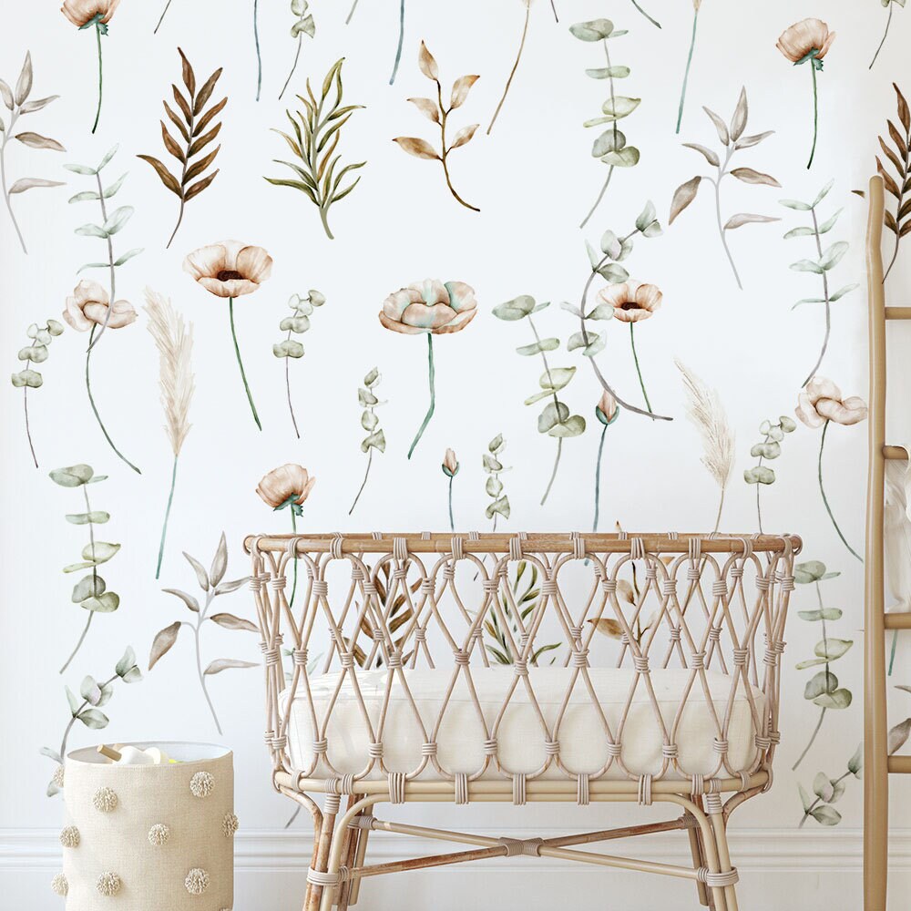 Nursery Poppy, Eucalyptus Flowers Wall Stickers Beige Calm Leaves Decals Bathroom Bedroom Nursery Decor, LF561