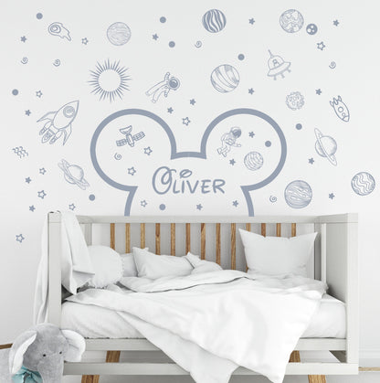 Mickey Toddler Large Headboard Wall Decal Space Sticker Stars Rocket Nursery Mouse Ears Custom Name Playroom Bedroom Bathroom planet, LF552