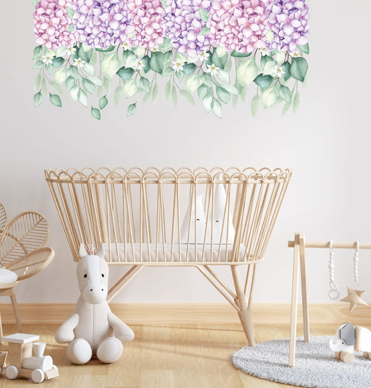 Hanging Hydrangea Flowers Greenery Wall Stickers Floral Vines Green Leaves Decals Bathroom Bedroom Nursery Decor, LF525