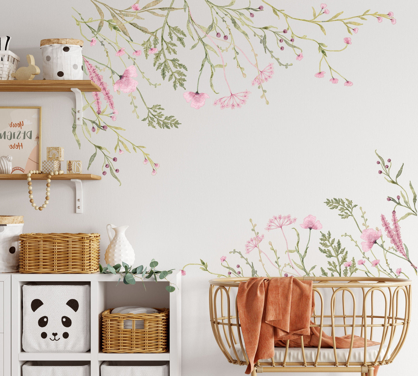 Watercolor Flowers Wall Stickers Nursery Pink Green Floral Leaves Decals Girls Boho Room , LF528