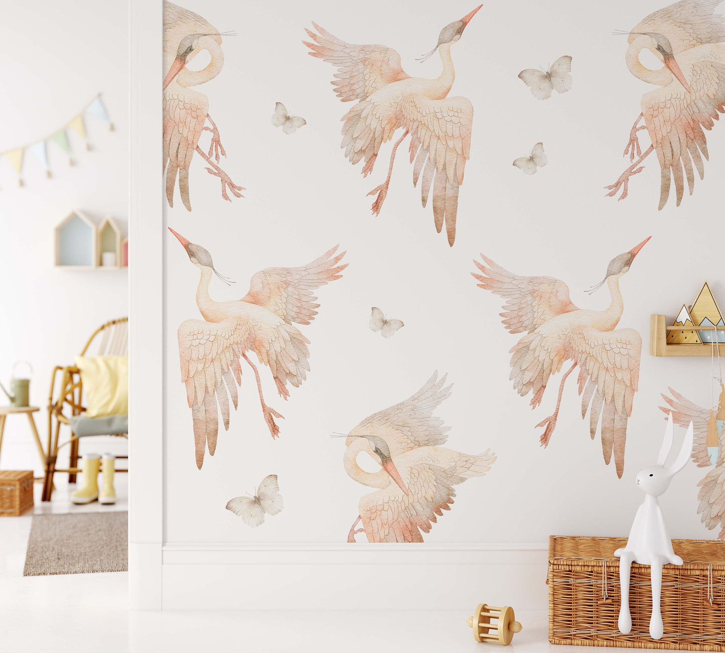 Watercolor Stork Heron Butterfly Wall Stickers Nursery Pink Beige Decals Girls Tender Boho Bathroom , LF524