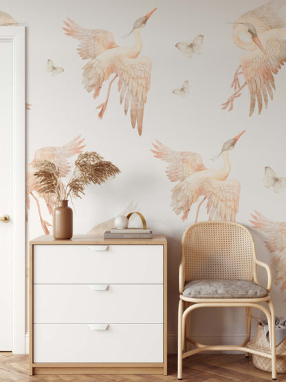 Watercolor Stork Heron Butterfly Wall Stickers Nursery Pink Beige Decals Girls Tender Boho Bathroom , LF524