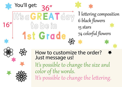 Classroom Wall Stickers Blackboard School board Flowers Decals It's a great day to be in first grade teacher custom lettering, LF555