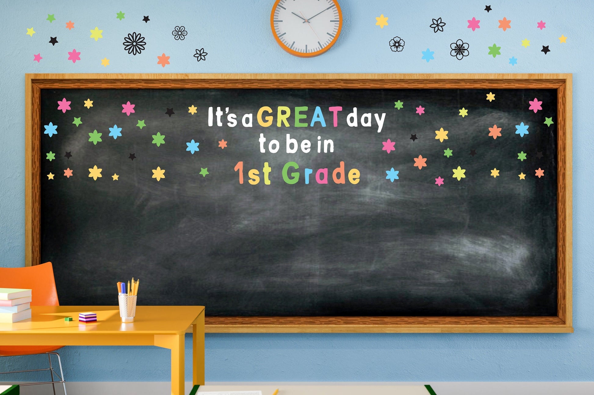 Classroom Wall Stickers Blackboard School board Flowers Decals It's a great day to be in first grade teacher custom lettering, LF555