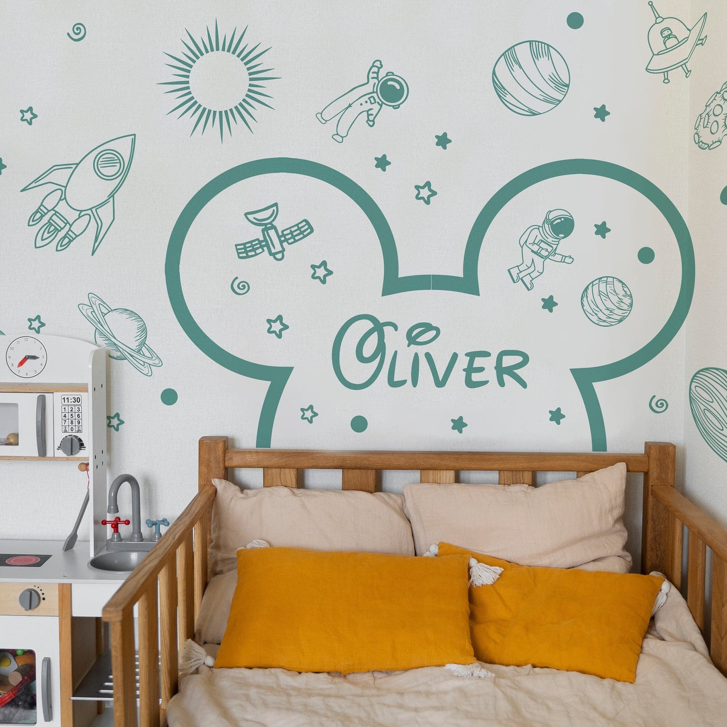 Mickey Toddler Large Headboard Wall Decal Space Sticker Stars Rocket Nursery Mouse Ears Custom Name Playroom Bedroom Bathroom planet, LF552