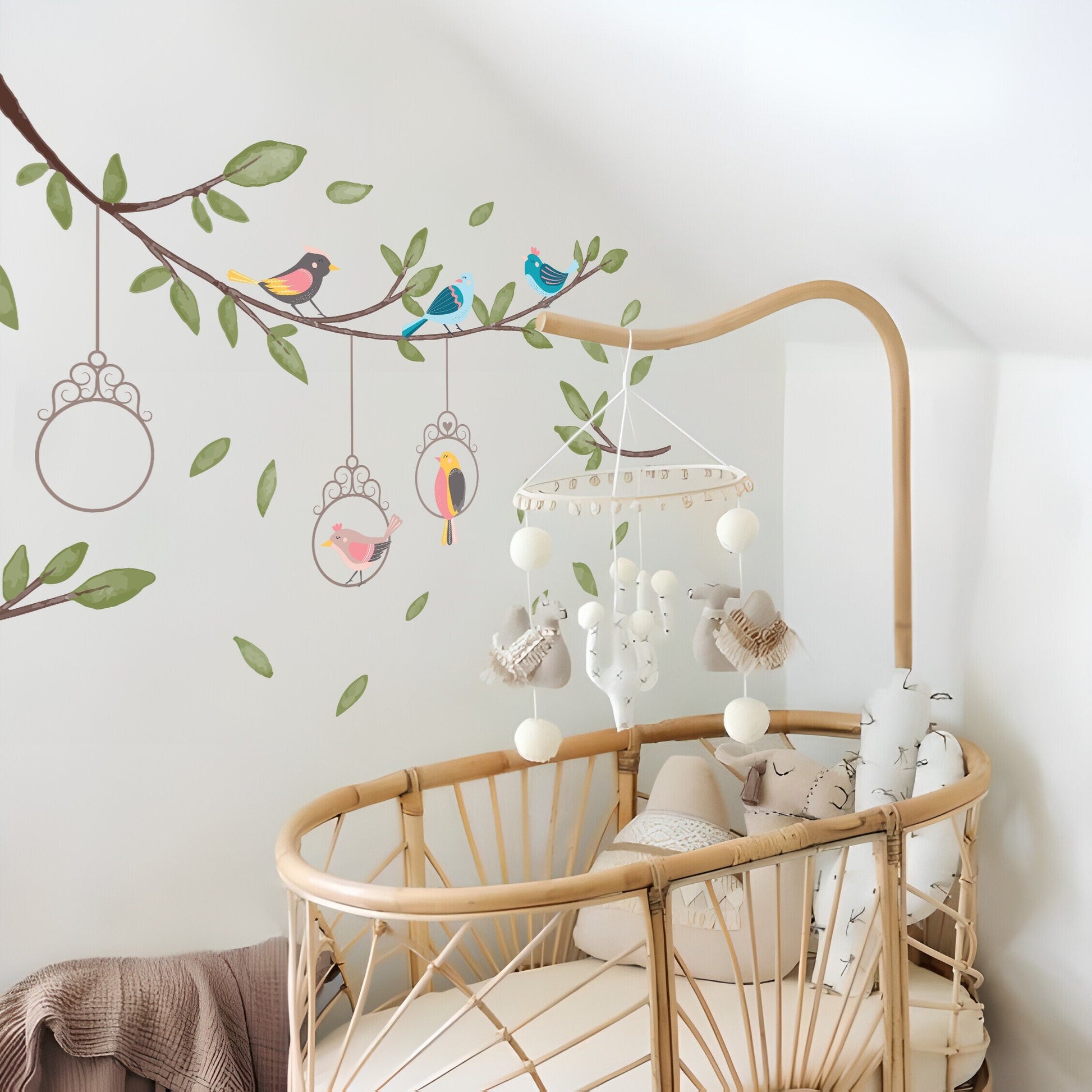 Large Tree Branch Wall Sticker Colored Birds Greenery Twig Decals Nature Boho Nursery Leaves Room Decoration, LF563