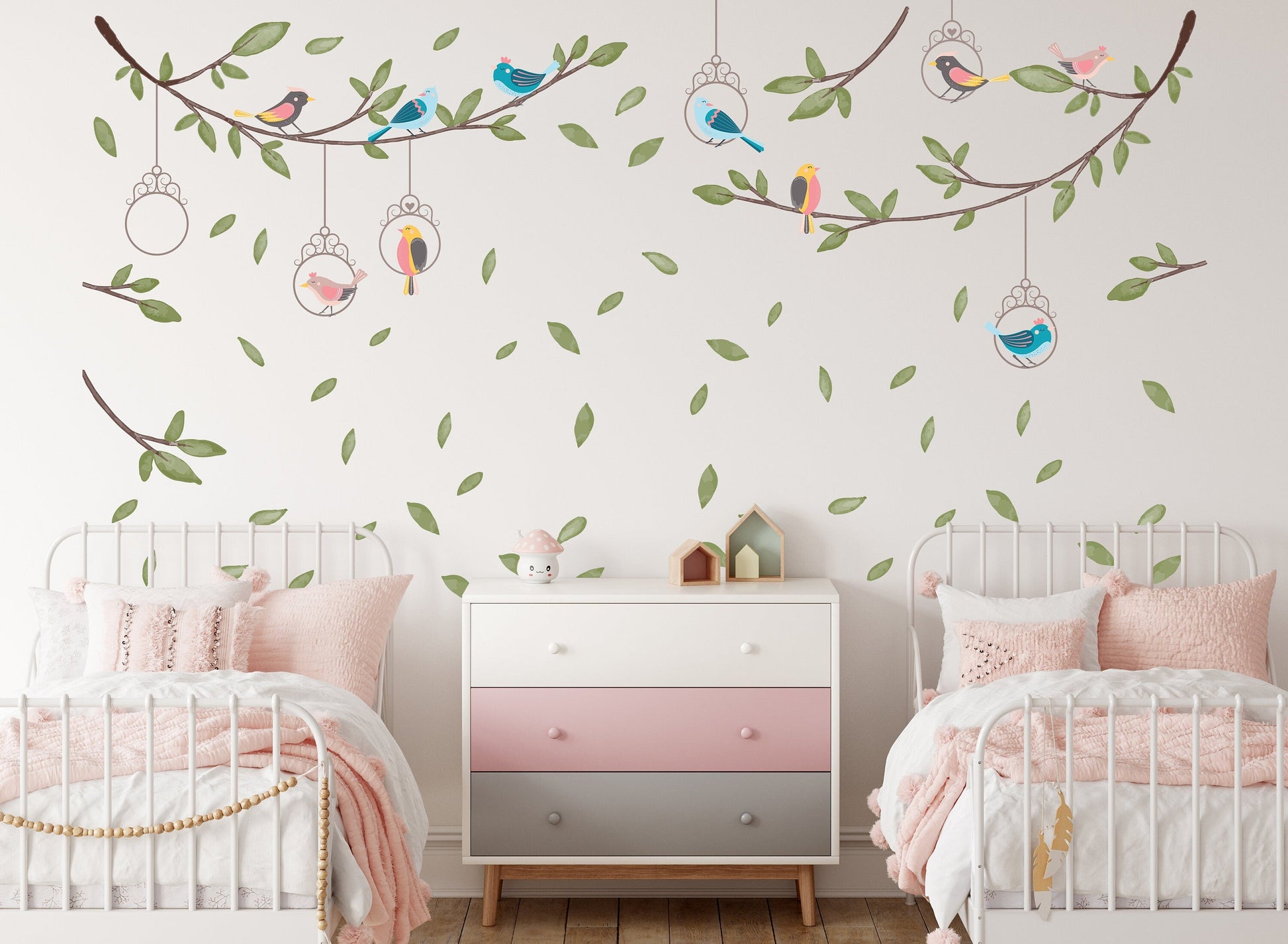 Large Tree Branch Wall Sticker Birds Decals Greenery Twig Nature Boho Nursery Leaves Room Decoration, LF563A