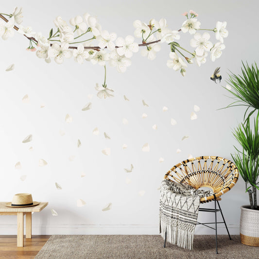 Large Apple Tree Branch Wall Sticker Bee Decals White Flowers Greenery Twig Nature Boho Nursery Leaves Room Decoration, LF564