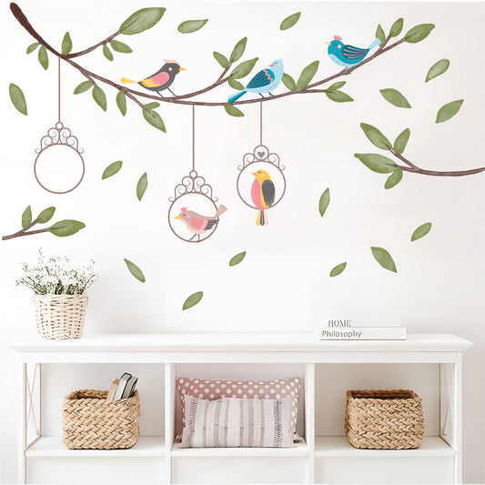 Large Tree Branch Wall Sticker Colored Birds Greenery Twig Decals Nature Boho Nursery Leaves Room Decoration, LF563